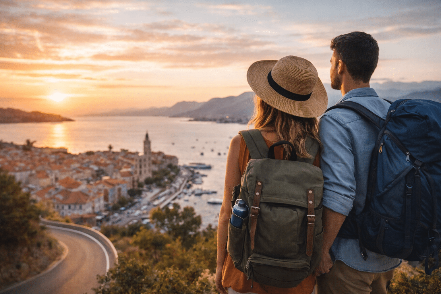 Couple admirant le coucher du soleil